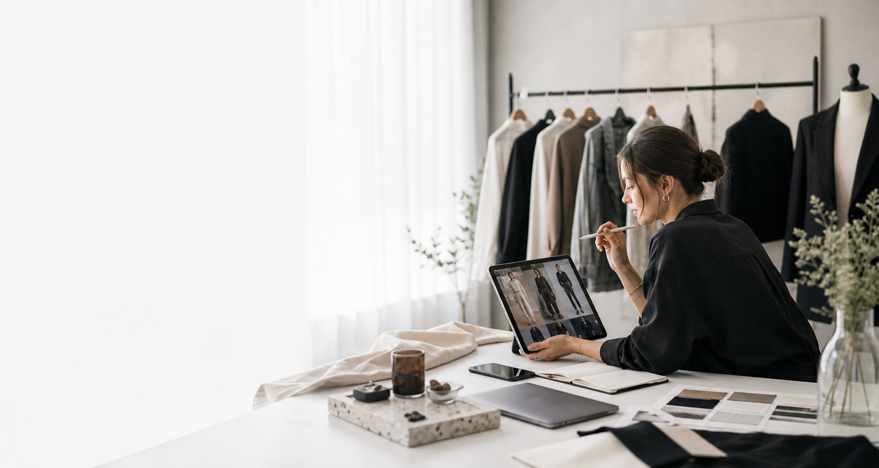 Fashion-tiimin jäsen tarkastelemassa digitaalista mallistoa ja sisältöjä premium-ympäristössä.